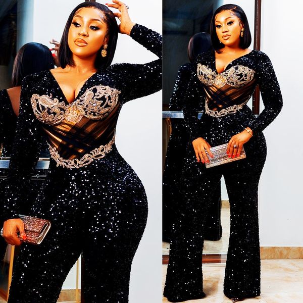 Plus Size Black Jumpsuits Prom For Special Ocns Evening Dresses Elegant Long Sleeves Sequined Lace Birthday Party Dress Reception Gowns