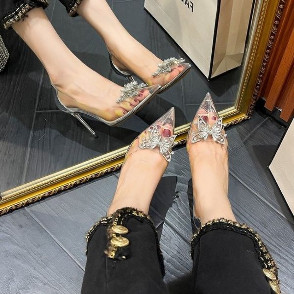 Pointed New Crystal Fairy Ladies Wind Rhie Butterfly-knot Transparent High Heel Women Sandals Fashion Shoes 2024 0bbc