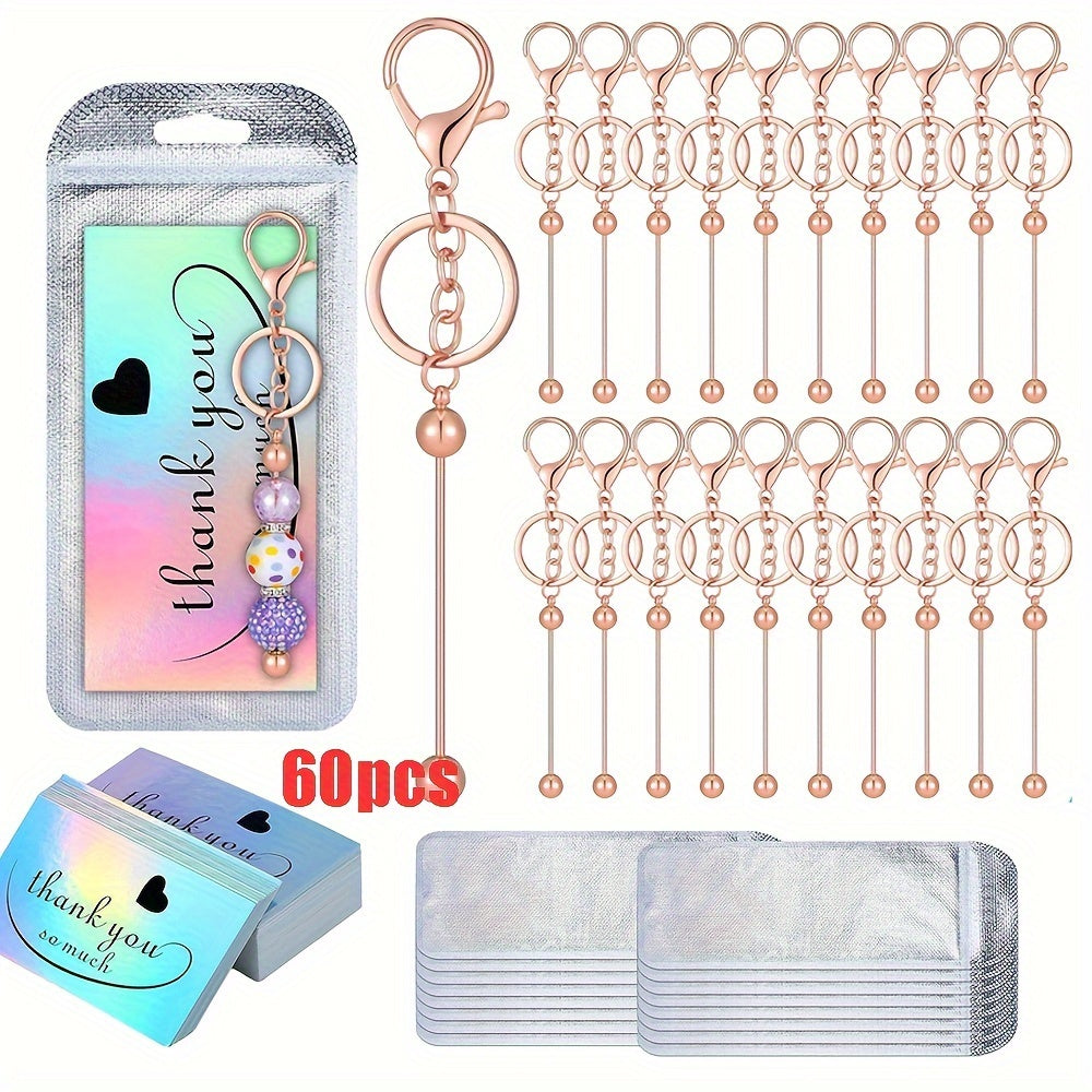 TEMU Set Of 60 Bead Keychain Rods For Diy Handmade Bead Keychains, Cute Pendants, Decorations, Including 20 Bead Keychains, 20 Bags, And 20 Cards
