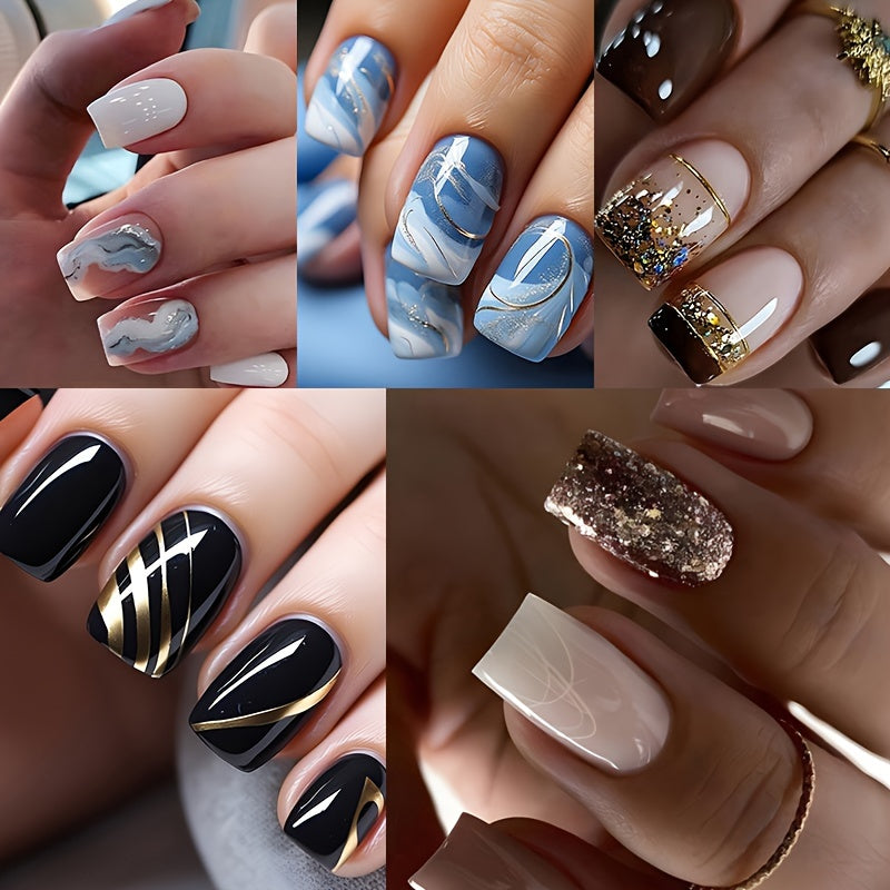 TEMU 120pcs 5pcs Blue And White Gradient Press-on Short Square False Nails, With Design Glossy Full Set Nail Glue, Reusable, Suitable For Women's Diy