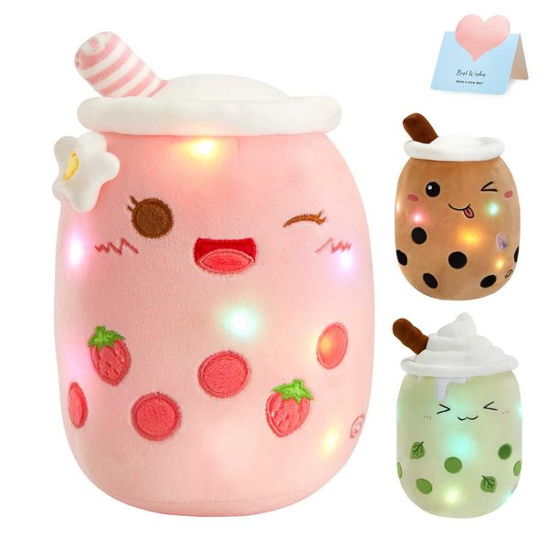 Plush Light - Up toys 26-38cm LED Light Milk Tea Doll Plush Toy Green Pink Soft Cute Throw Pillows Strawberry Stuffed Animals for Girls Birt