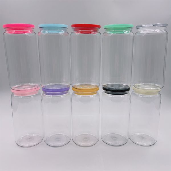Unbreakablea 16oz Clear Plastic Can Cups Acrylic Tumbler Reusable BPA Free Mason Sippy Cup Cold Juice Jar Coffee Travel Mugs With Colored Li