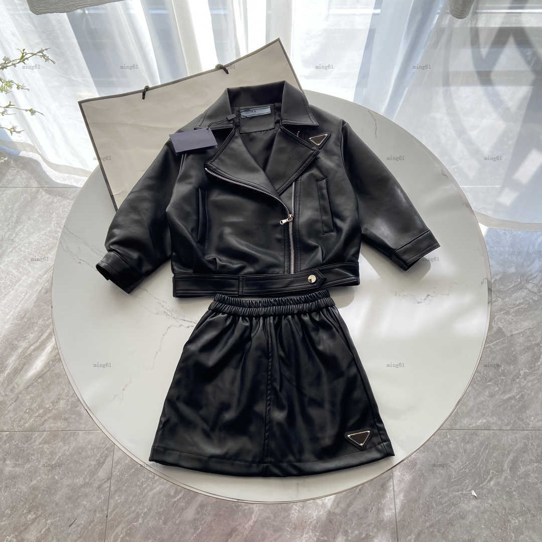 Brand girls dress suit High quality baby Autumn set girl clothing kids designer clothes PU material Solid leather coats and skirts