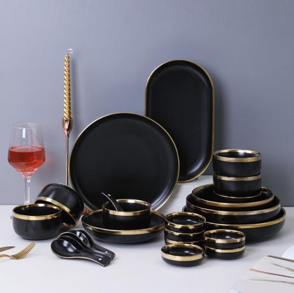 Dinnerware Sets Nordic Golden Stroke Ceramic Plate Hotel Table Decoration Steak Black Dinner Plates Salad Dishes Western Cuisine Tableware S