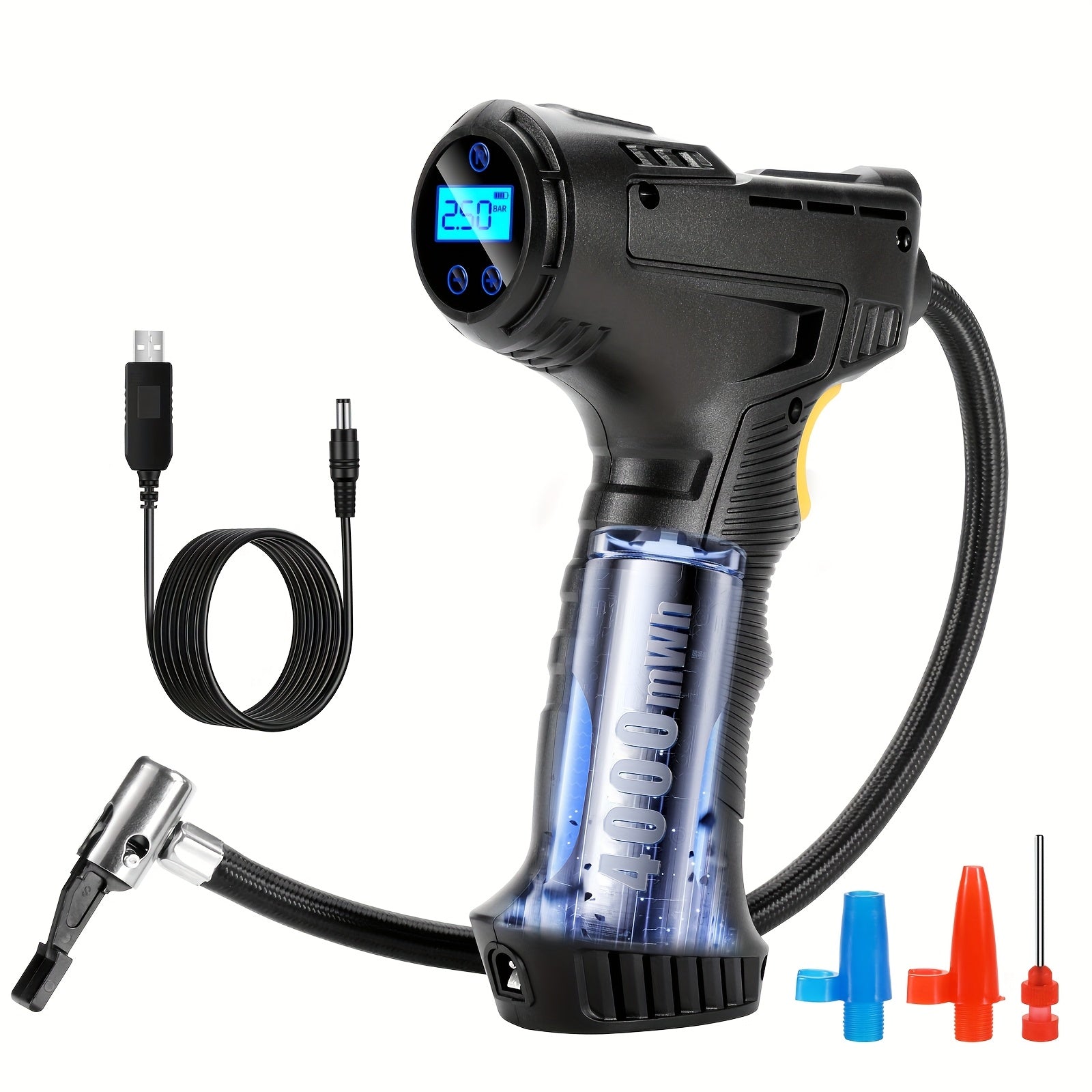 TEMU 4000mah Battery Tire Inflator, Portable Air Compressor - 150 Psi Air Pump For Car Tires With Pressure Gauge & Led Light, 3x Faster Inflation