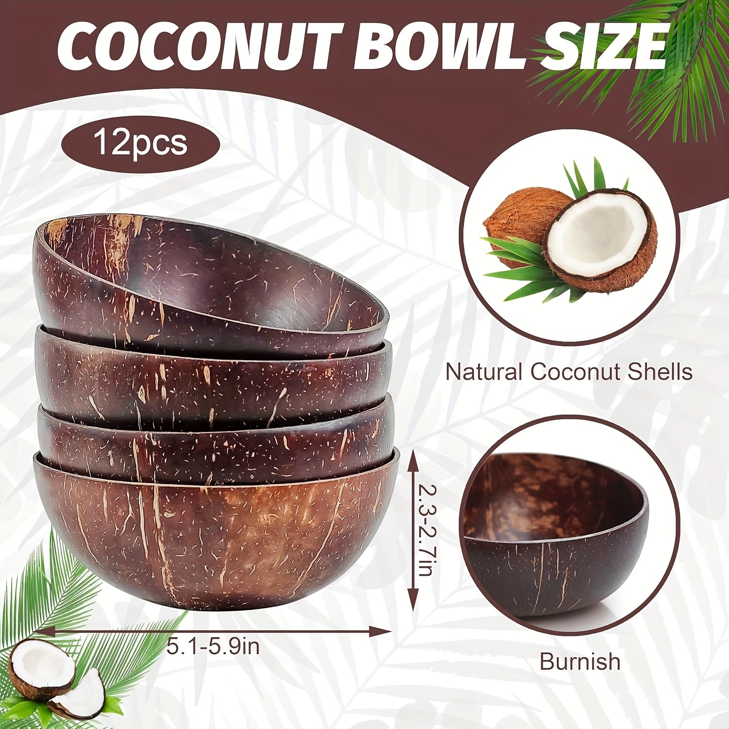 TEMU Coconut Shell Bowls, Polished , Wooden Salad Bowls Set-polished With Coconut Oil, Handmade, Natural, Christmas Gifts, 3-12pcs