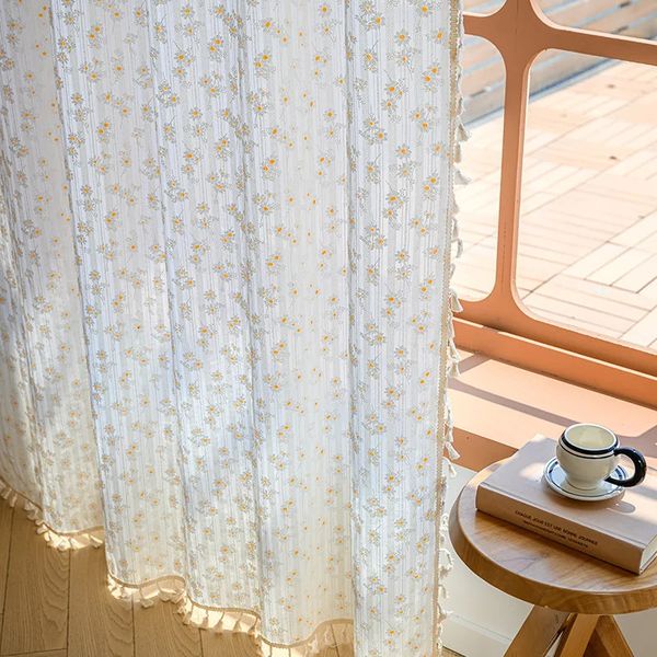 Floral Farmhouse Curtains SemiBlackout Living Room Drapes Cotton Bohemian Window Curtain with Tassel Rod Pocket 1 Panel Sheer Curtains 25011