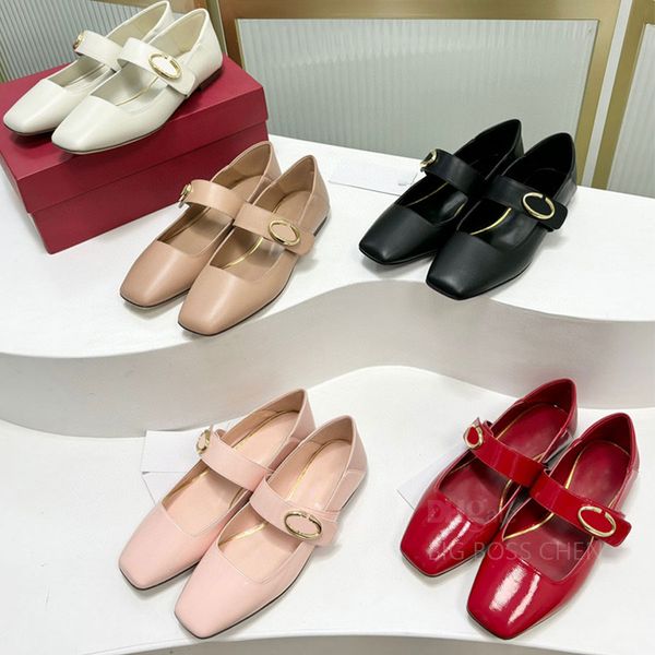 High quality Metal buckle Mary Jane shoes ballet flats Square-toe loafers womens Dress shoes slip on Real leather Luxury designer Flat shoes