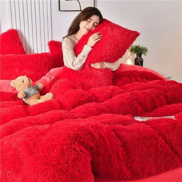 Thickened Mink Four Piece Crystal Veet Bed Sheet Winter Warm Plush Quilt Cover Coral Flannel Bedding Set 240812
