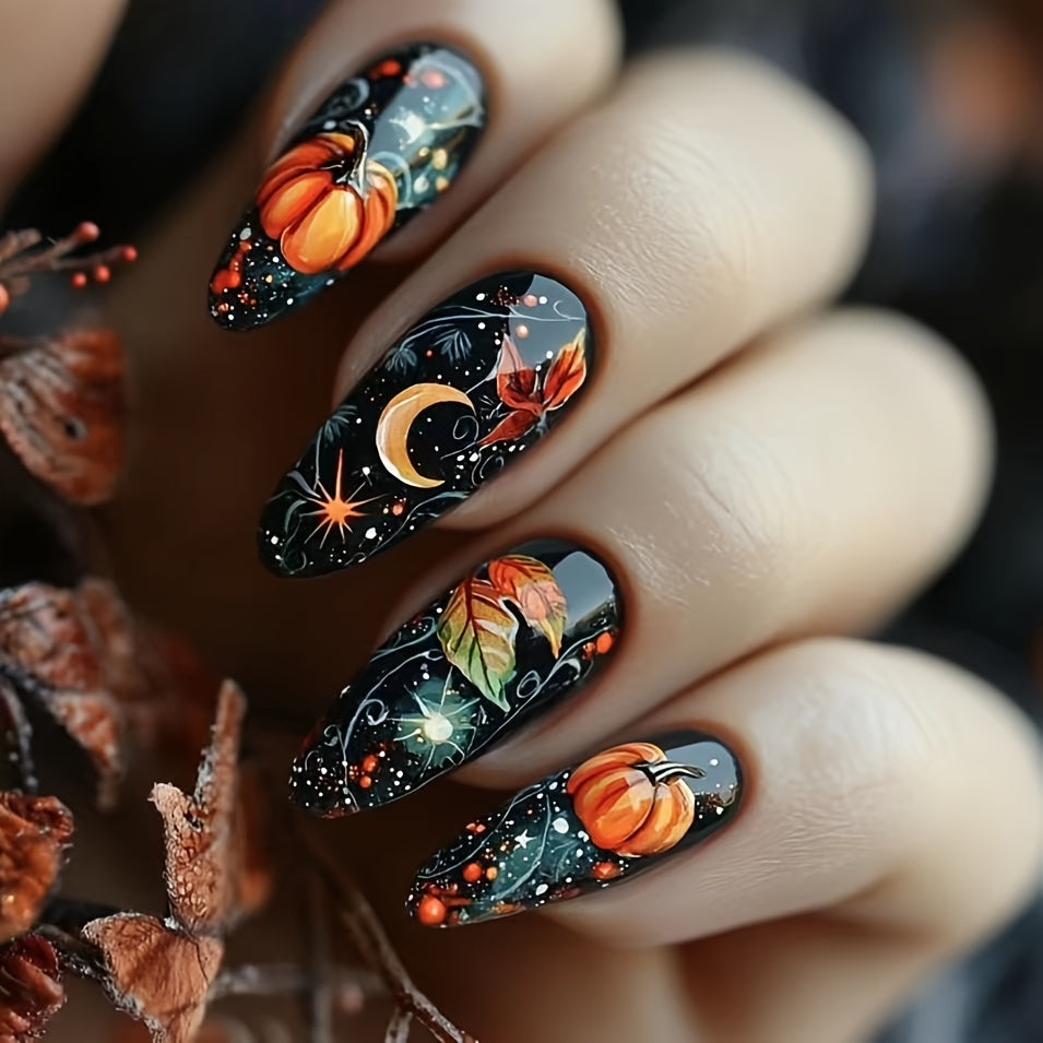 TEMU Women's Almond Shaped False Nails - Autumn Fall Glossy Press-on Nails With Pumpkin, Leaf, Design - Medium Length Dark Background Nail Art For
