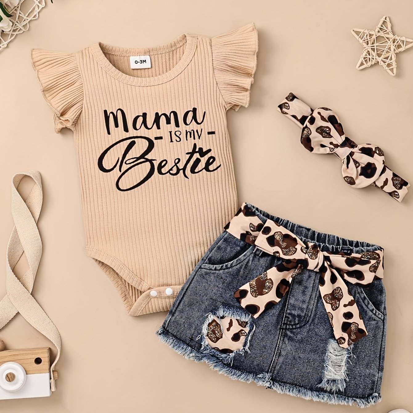 TEMU Baby Girl Clothes Newborn Romper Ruffle Sleeve Short Jeans Skirt With Headband Infant Outfits Set Months, For Outdoor