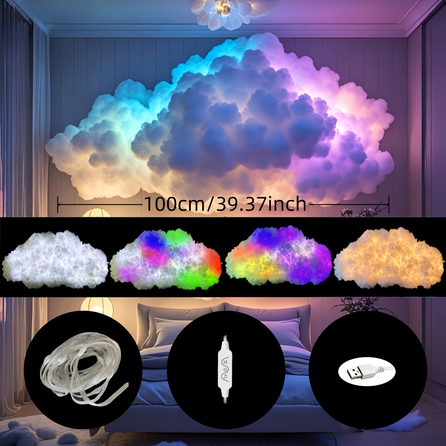 TEMU Thunder Cloud Led Lamp With Music Sync & Voice Control, Rgb Mood Lighting, Usb-powered, Sound , Gaming Room-photography Studio, Diy Rgb Colors,
