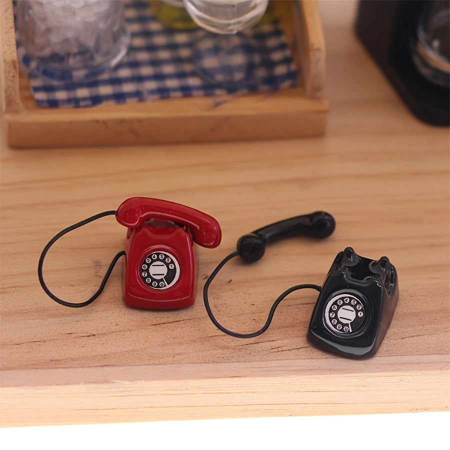 TEMU 2-pack Miniature Vintage Rotary Phone Models - Alloy Metal, With White Cords, Diy Dollhouse, Pocket Scene Decor & Collectible Display