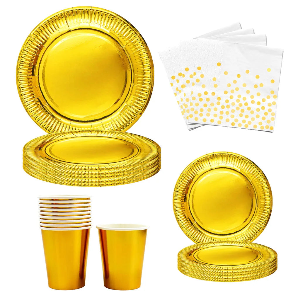 Gold Disposable Tableware Solid Color birthday decorations Gold Disposable Plates Cups Napkins Set Adults Kids Wedding Supplies
