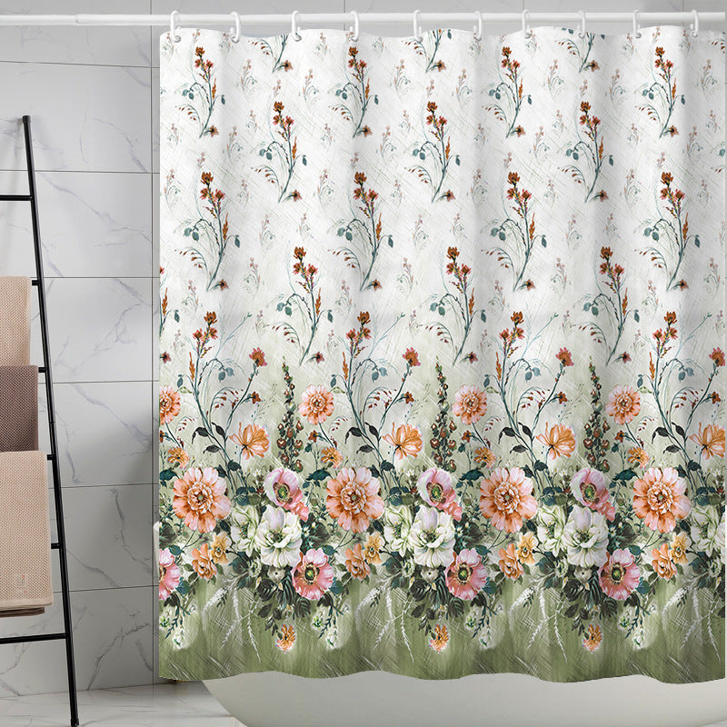 YL-37294 Tropical green leaf print shower curtain bathroom curtain waterproof and mildew proof partition curtain free punching hanging curtain