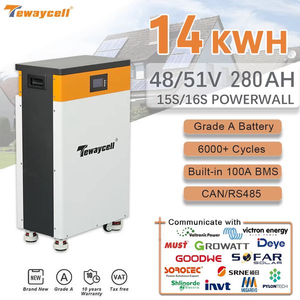 Tewaycell 14KWH 280AH LiFePO4 Battery Powerwall 6000 Cycles 48V 51.2V Lithium Iron Phosphate Buitl-in BMS 300A CAN RS485 Monitor