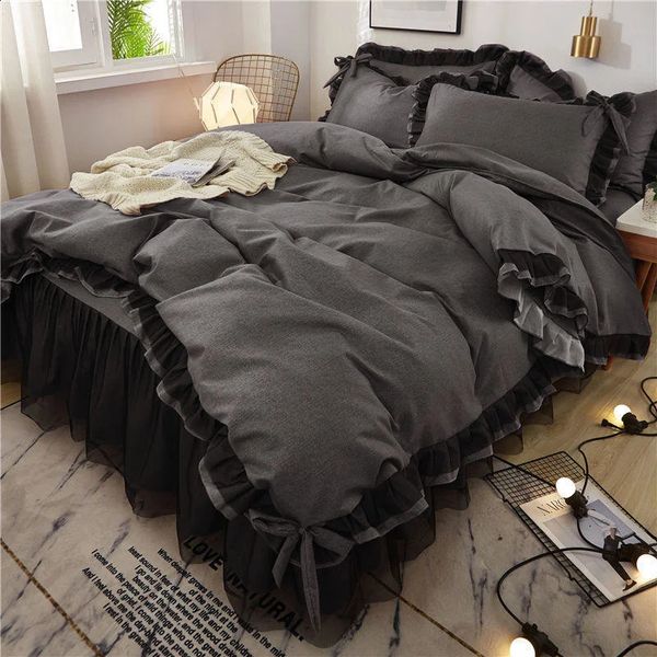 Black Princess Bedding Sets Kawaii Bed Skirt Sheet Pillowcase Fashion Girl Duvet Cover 4 Pieces Home Decoration 240725