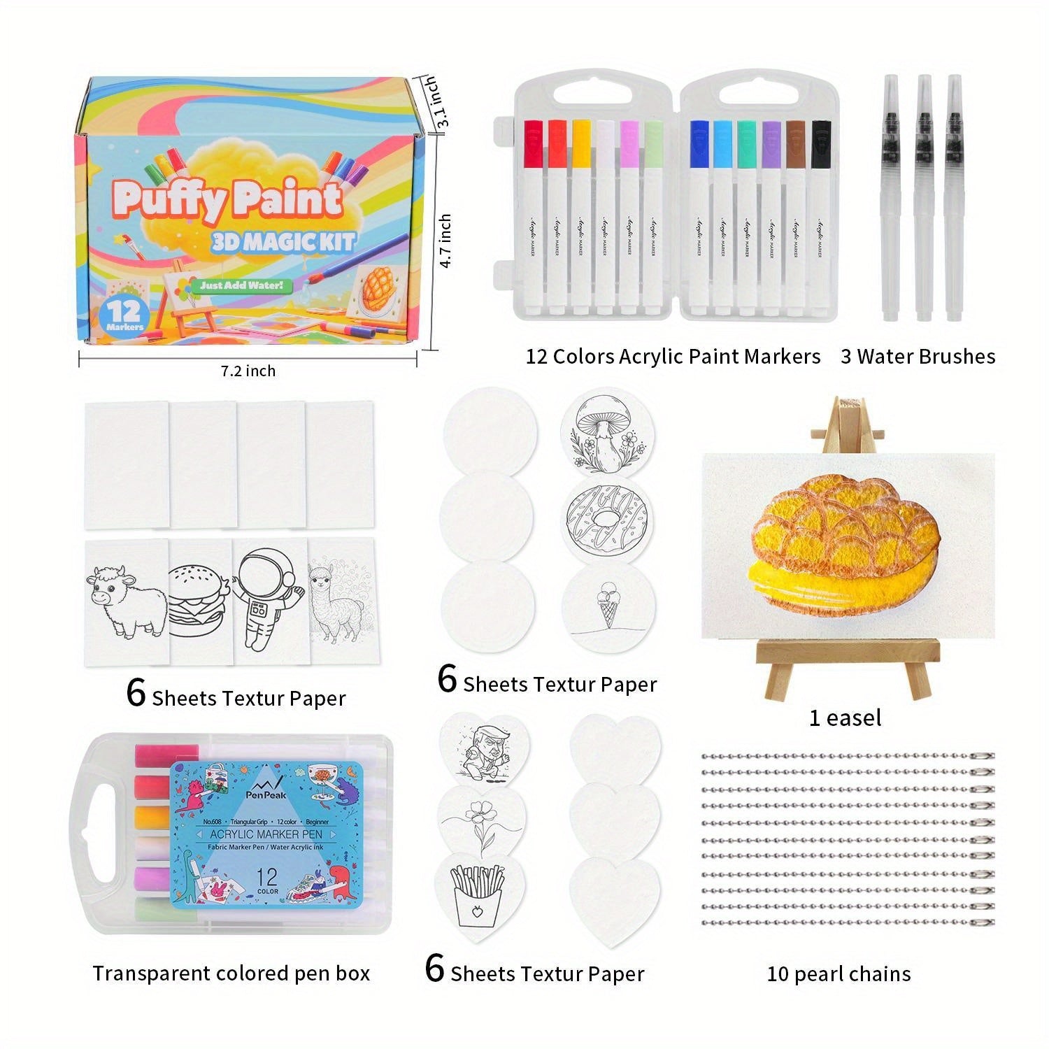 TEMU 46pcs Texture Painting Kit With 20 Sheets & 12 Automatic Brush Tips - 3d , Non-toxic Washable Foam Set With Color-coded Tubes & Storage Box For