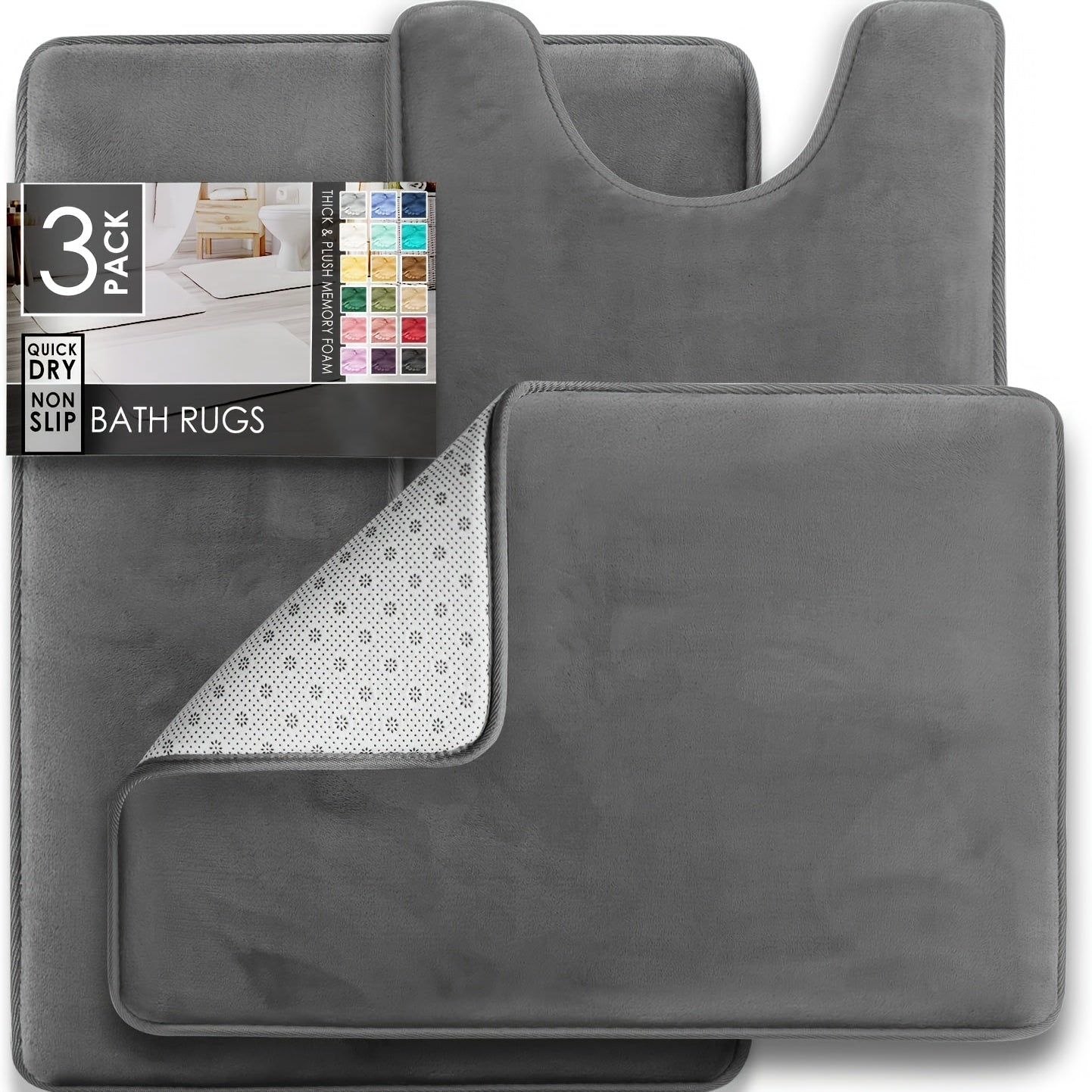 TEMU 3pcs Memory Foam Bath Mat Non-slip Water Absorbent Foot Massage Rectangular Polyester Floor Rug With Pvc Backing 0.47inch Thick Bathroom Kitchen