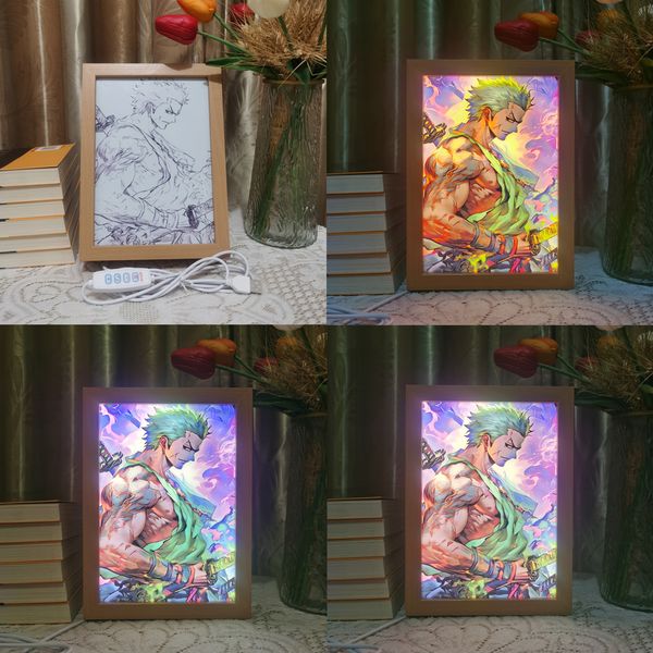 Led Hot Photo Frame Anime Lamp Roronoa Zoro Genshin Impact Art Painting Design Night Light Valorant Home Decor Kid Room Gift