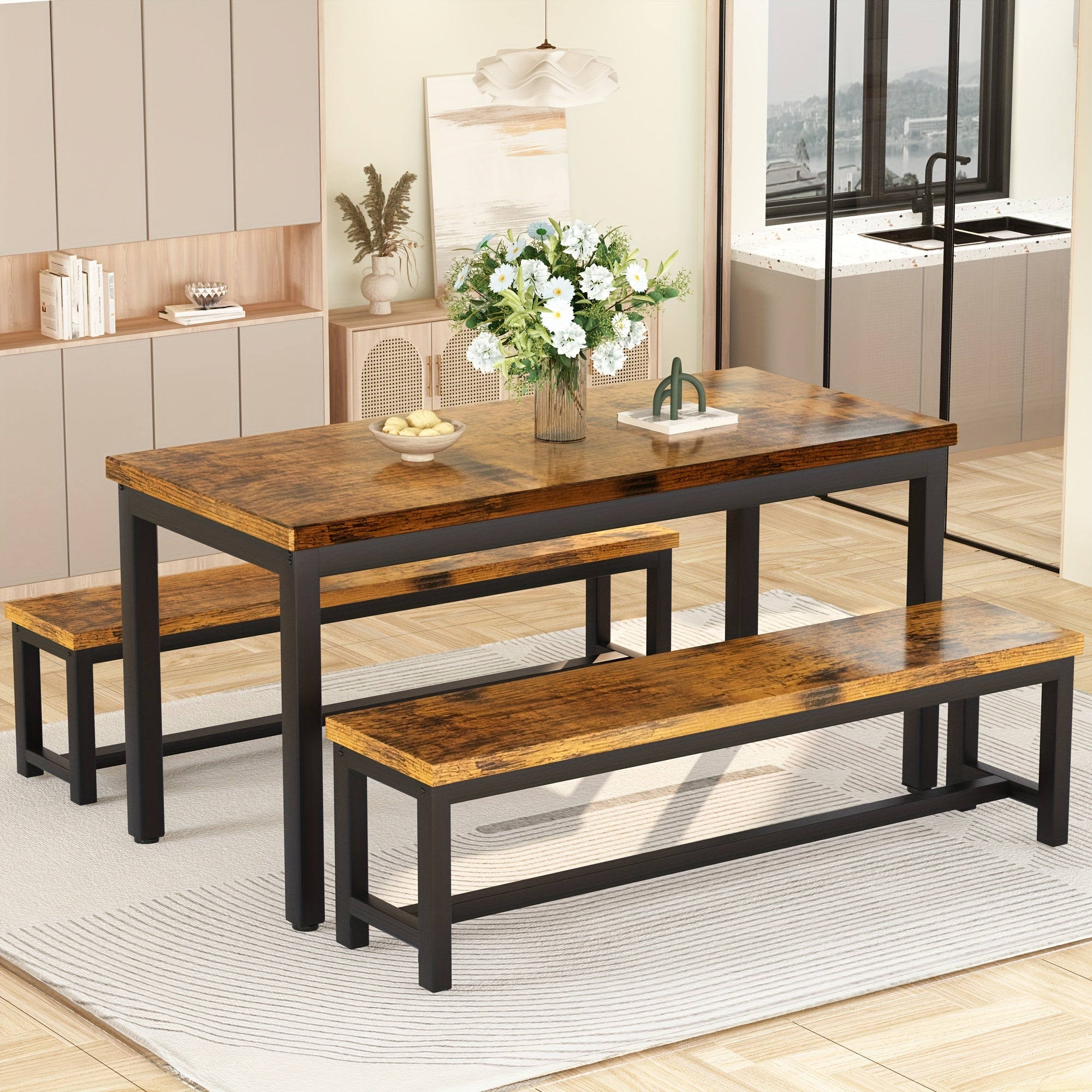 TEMU Dining Table Set For 4, Kitchen Table Set With 2 Dining Bench, Dining Room Table Set With Wood Tabletop And Metal Frame, Breakfast Table Set For