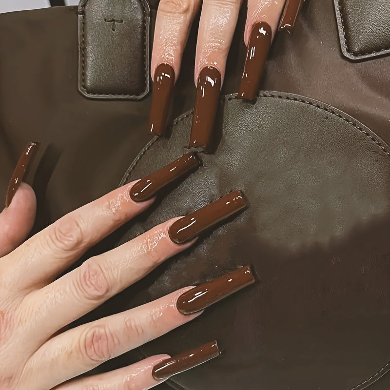 TEMU 24pcs Glossy Brown Press On Nails Long Square Fake Nails Minimalist Style False Nails Solid Cover Fake Nails For Women Girls