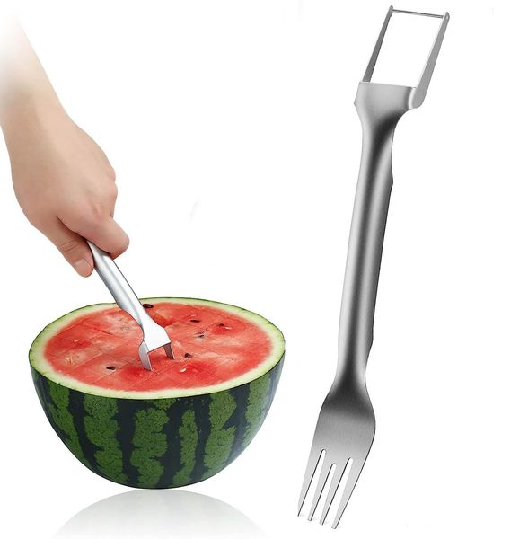 2-in-1 Watermelon Fork Slicer Cutter Portable Stainless Steel Slicer Fruit Salad Knife Fork Carving Gadgets for Family Parties