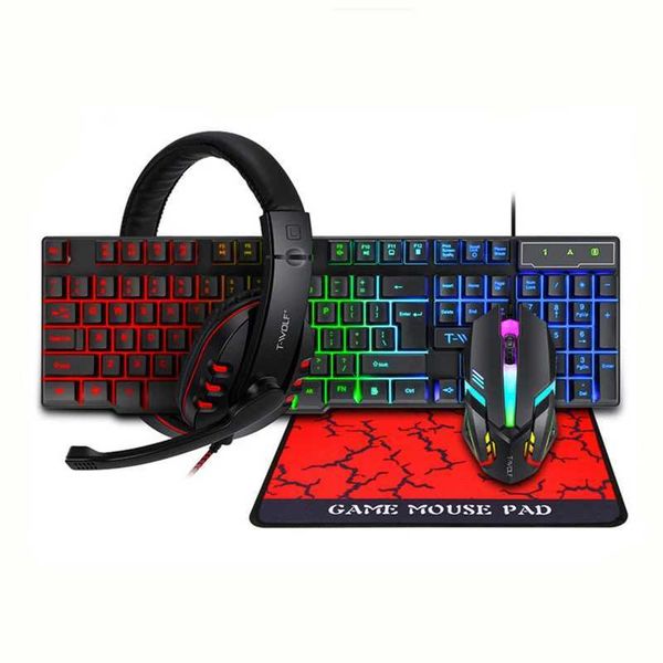 4 In 1 RGB Russian Spanish English Gaming Wired Keyboard Mouse Combos With Mouse Pad and Headphones X250203