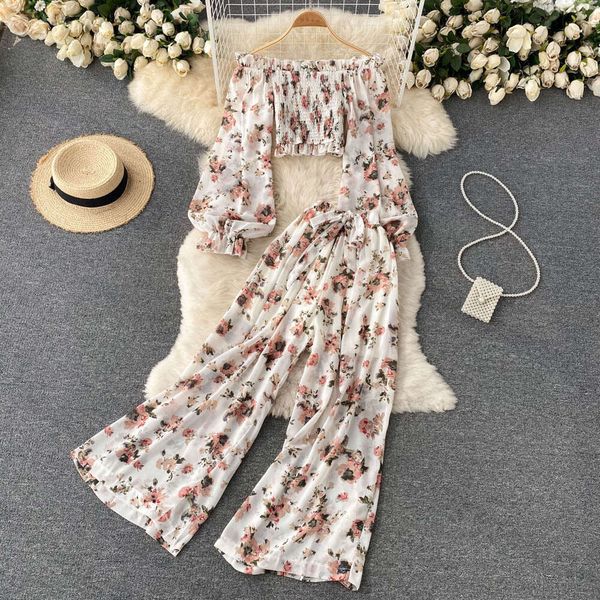 One Line Neckline Off Shoulder Bubble Sleeves, Sweet and Age Reducing French Printed Short Top, High Waisted Wide Leg Pants Two-piece Set Se