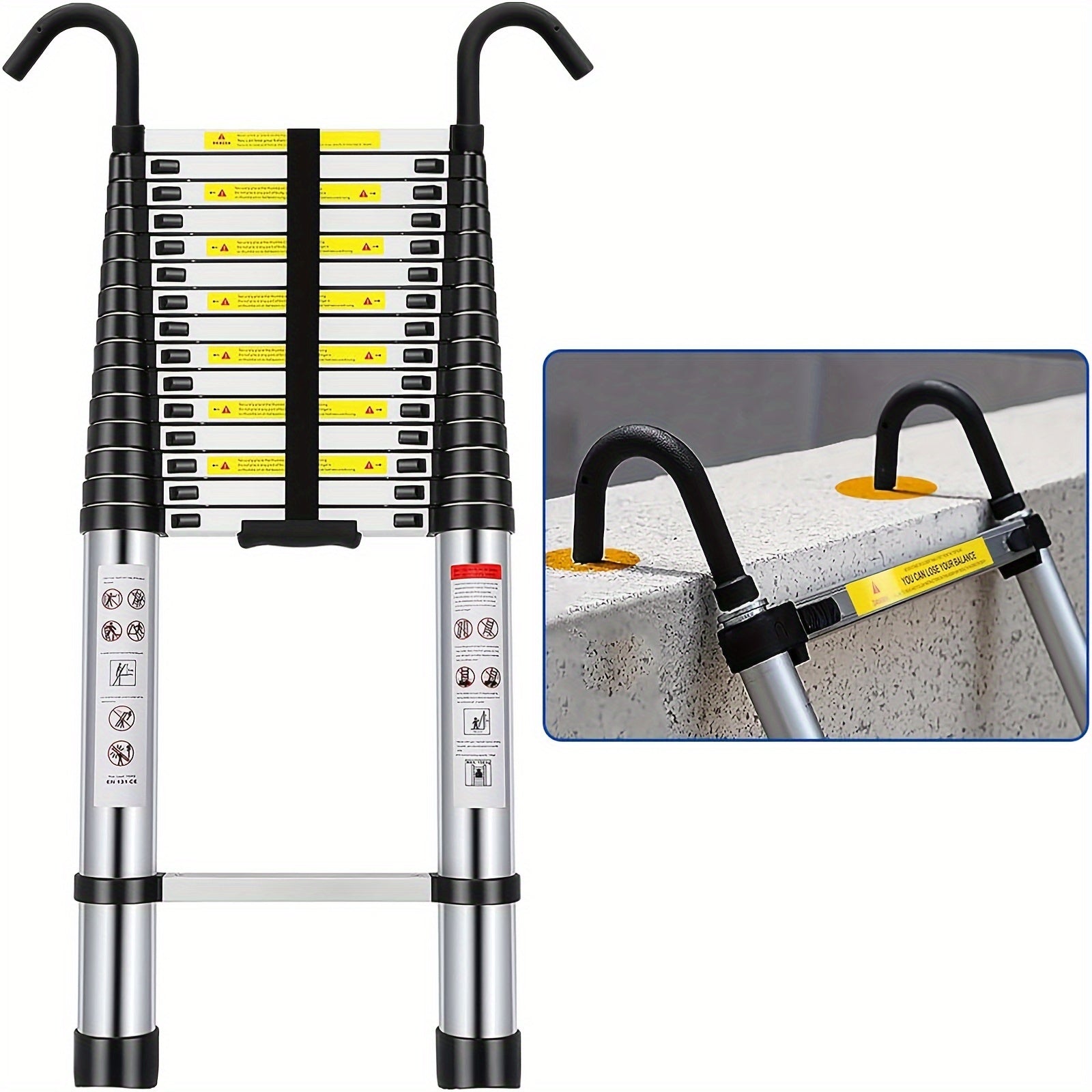TEMU 14.4ft-16.4ft-20.34ft Telescoping Ladder Aluminum Telescopic Ladder With 2 Detachable Hooks And Non-slip Feet, 4.4m, 5m, Collapsible Ladder