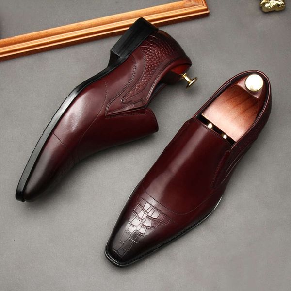 Formal Oxford Shoe For Men Genuine Leather Pointed Tip Slip On Wedding Loafers Man Summer Black Wine Red Mens Dress Shoes