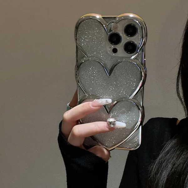 Phone case Korean Glitter Silver Overlapping Plating Love Phone Case For iPhone 16 15 14 13 12 11 Pro Max Plus Trendy Girl Back Cover Z24110