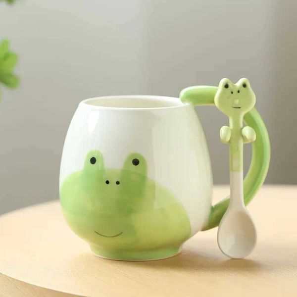 1 400ml cute animal ceramic coffee cup with spoon fun hand drawn Kawaii tea cup novel cup birthday gift for boys and girls CL240905
