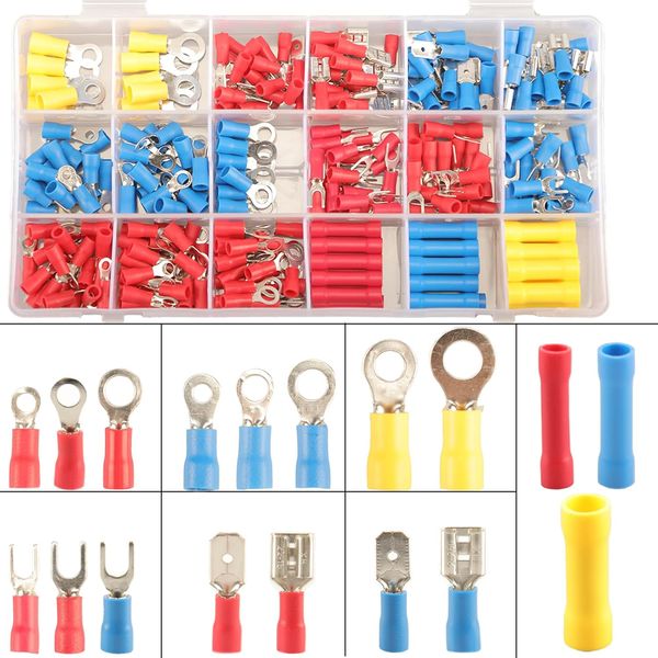 300pcs 18 Types Crimp Connectors, Ring Spade Fork Butt Wire Connectors Kit, 6.3mm Male and Female Spade Connector kit, Electrical Connectors