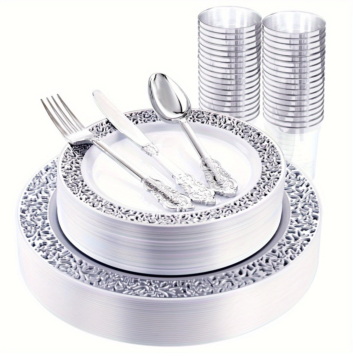 TEMU Set Of 150 Silvery Plastic Plates, Disposable Silvery Cutlery And Plastic Silvery Cups, Silvery- Plastic Cutlery Set Includes 25 Dinner Plates,