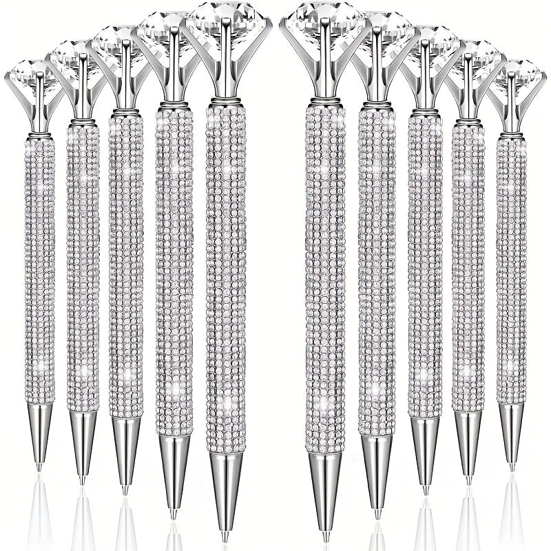 TEMU 10 Large Diamond Pens With Crystal Shiny Metal Glitter Ballpoint Pen Black Ink Retractable Cute Fancy Wedding Bridal Shower Gift Office Supplies