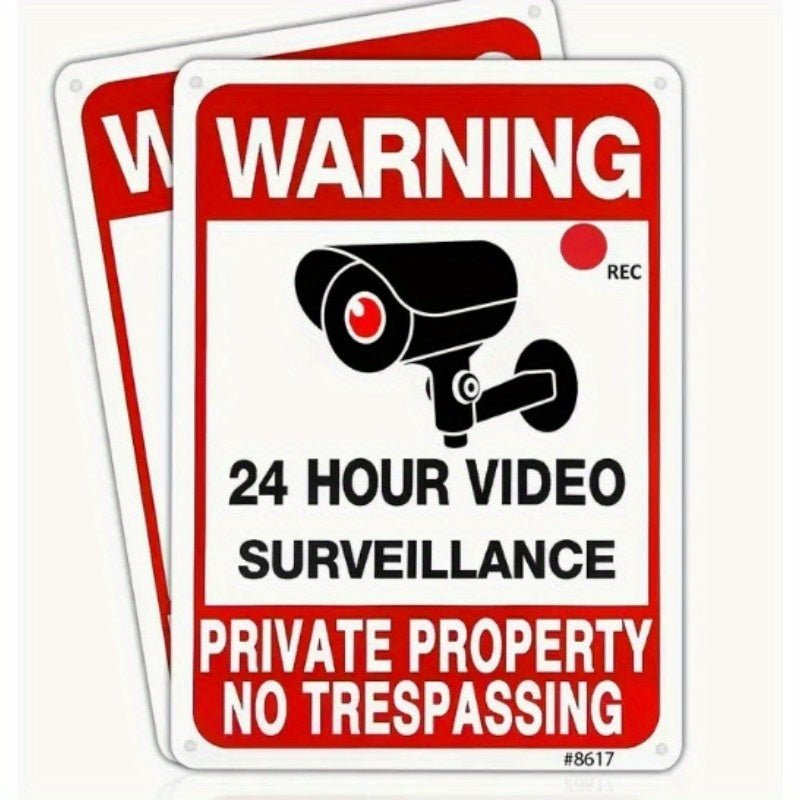 TEMU 2pcs Heavy-duty No Trespassing Signs With Surveillance Warning - Red- Camera Alert, Weatherproof Aluminum Metal Property Markers (7x10 Inches