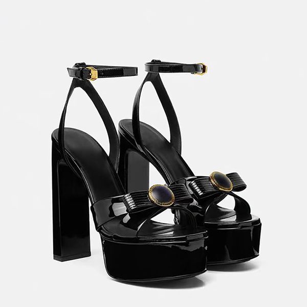 Women&#039;s Stiletto Heel Platform sandals Patent Leather ankle strap high heels silk Bowtie decoration party evening shoes luxury designer