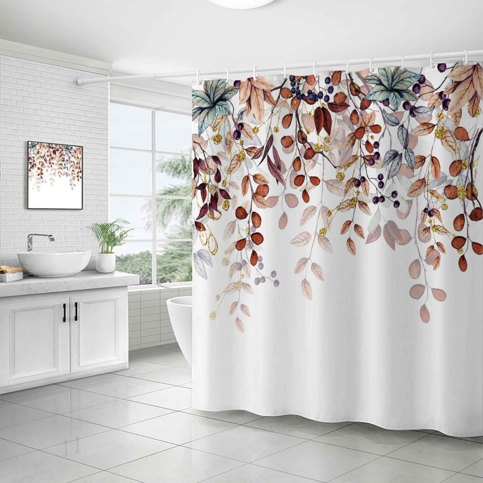 YL-37115 digital shower curtain cross-border plant flower waterproof polyester bathroom four-piece set dry and wet separation moisture-proof