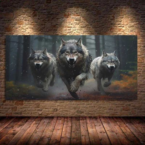 Three Wolf Running Howl Wildlife Canvas Paintings Prints Wall Art Picture Animals Nature Poster Living Room Bedroom Home DecorC250121