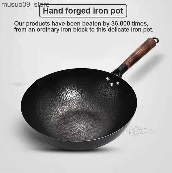 Other Cookware 32CM Handmade Iron Pot Pan Uncoated Health Wok Non-Stick Pan Gas Stove Cooker Universal Wood Iron Wok L240910