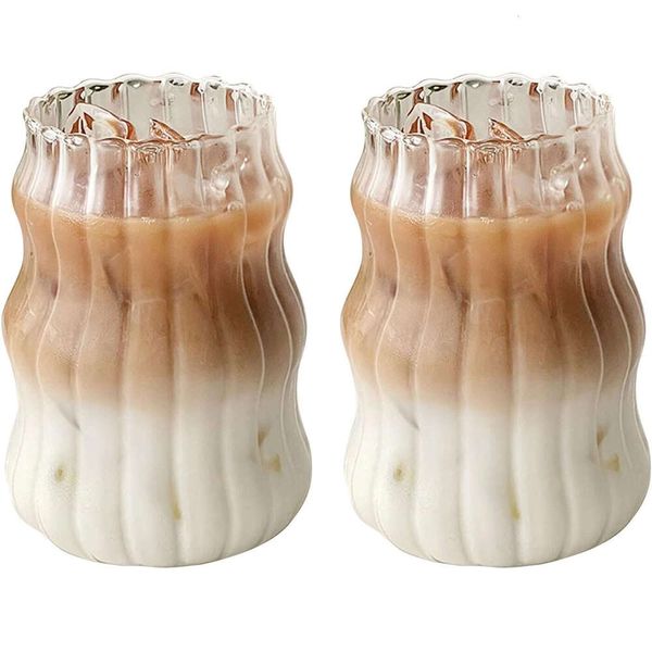 2pcs Coffee Glass Cup Ribbed Glassware Drinking Glasses Transparent Tea Juice Milk Mug Water Wine Cups For House Party Bar