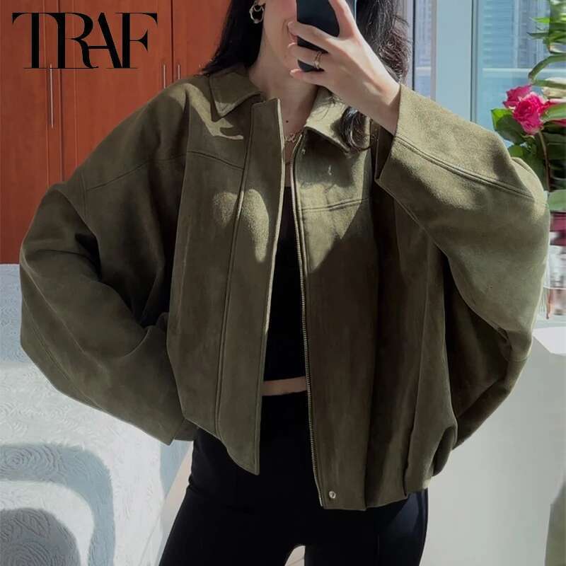 TRAF Women&#039;s Bomber Lapel Long Sleeve Zipper Suede Jacket Women 2025 High Street Cropped Racing Jackets Coats Outerwears