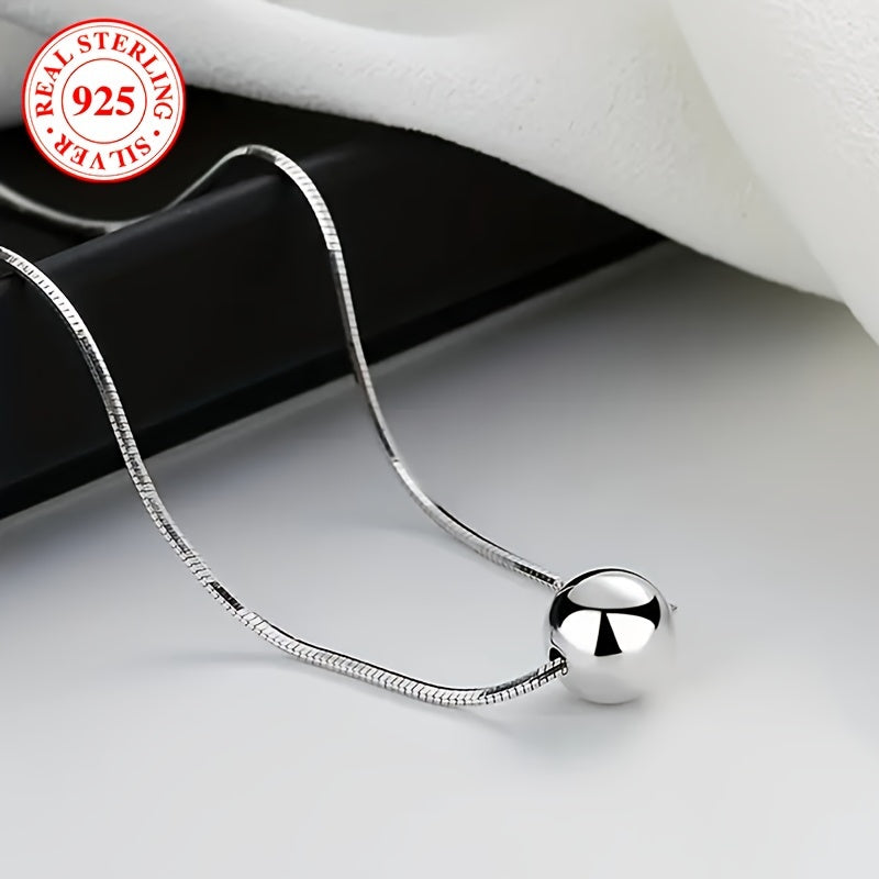 TEMU S925 Sterling Silvery Necklace, Retro Bohemian Style, Simple Small Ball Pendant, Snake Bone Chain, Elegant Anniversary Gift For Wife