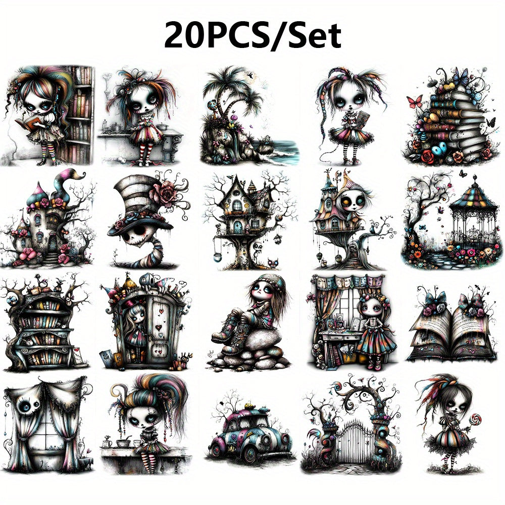 TEMU 20pcs Haunted Girl 2d Stickers - Gothic-themed Diy Decor For Scrapbooks, Laptops, Notebooks, Guitars, Skateboards, And More - Self-adhesive,