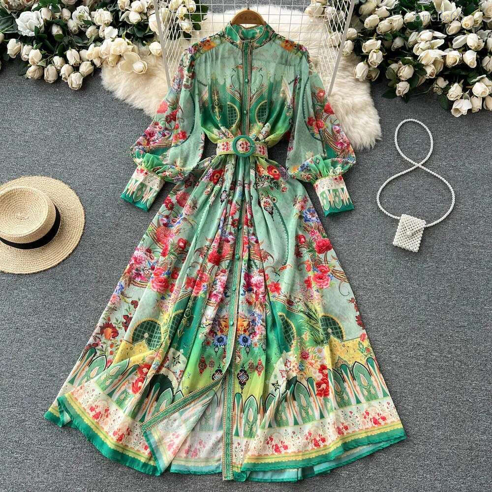 Spring Autumn Holiday Flower Chiffon Long Dress Womens Stand Collar Lantern Sleeve Floral Print Belt Long Party Robe Vestido 240819
