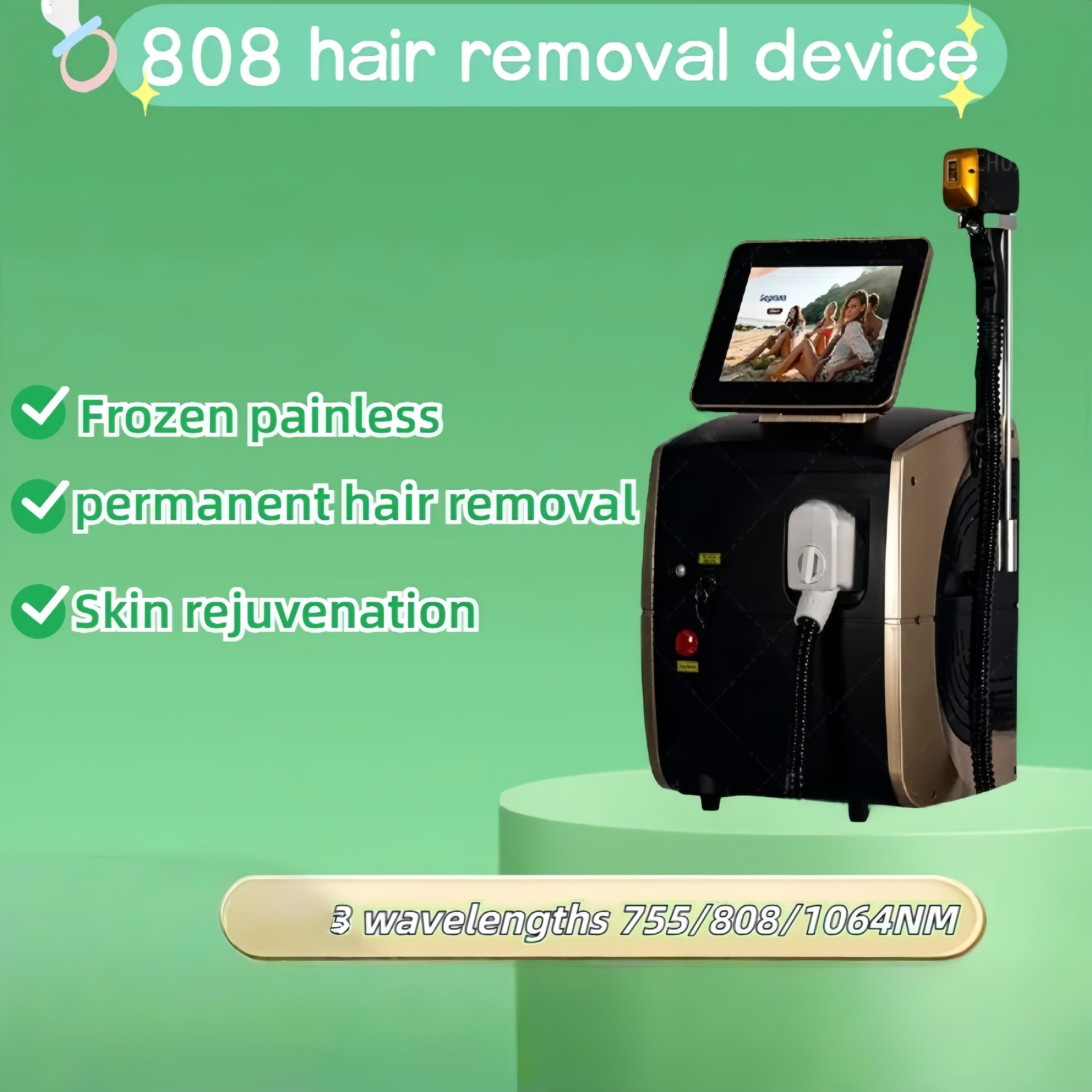 Portable 3500W 808nm Diode Laser 755nm 808nm 1064nm Wavelength Freezing Point Painless Permanent Alexandrite Hair Removal