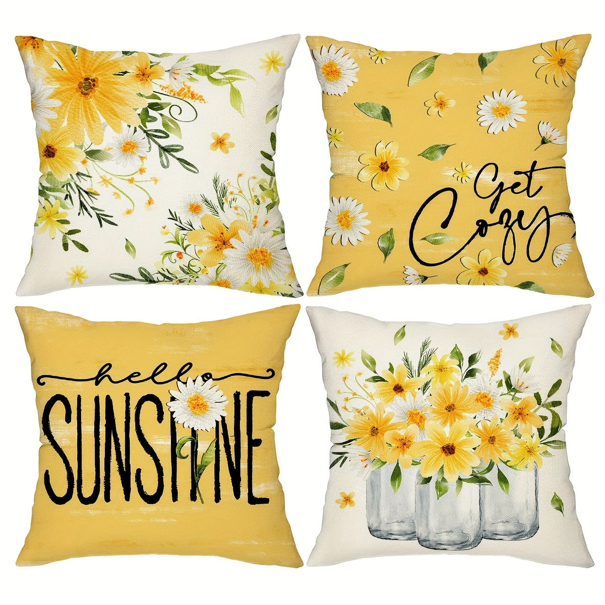 TEMU 4pcs, Throw Pillow Covers, Summer Seasonal Flowers Mason Jars Home Decor Cushion Covers, 18in*18in, Cozy Holiday Decor Pillowcases, For Porch