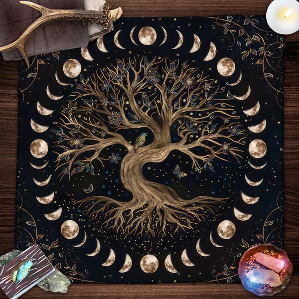 Tree Of Life Tarot Card Tablecloth Moon Phase Plants Table Cloth For Witch Wicca Altar Divination Pad 241120