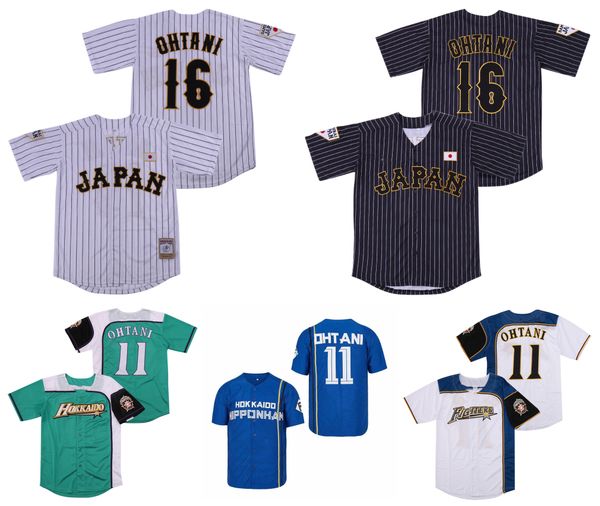 Japan Samurai 16 Shohei Ohtani Black White Stripe Pinstriped Hokkaido Nippon Ham Fighters Jersey Movie 100% Stitched Baseball Jersey Size S-